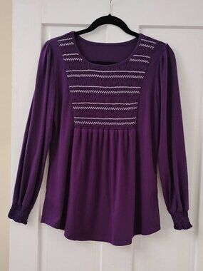 Dark Purple Long Puff Sleeve Smocked Tunic top